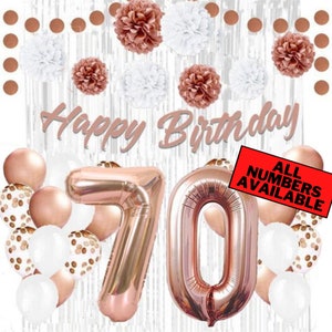 Rose Gold 70th Birthday Decorations for Women - 40&quot; Number Balloons, Banner, Silver Foil Curtains, Balloons, Pom Poms - 70th Party Supplies