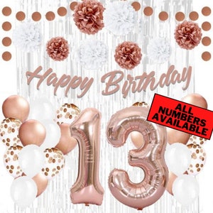 Rose Gold 13th Birthday Decorations for Girls - 40&quot; Number Balloons, Banner, Silver Foil Curtains, Balloons, Pom Poms - 13th Party Supplies