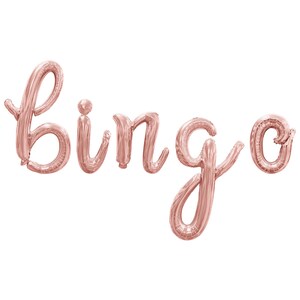 May include: Rose gold foil letter balloons spelling out the word "Bingo".