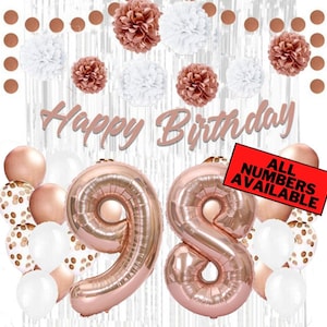 Rose Gold 98th Birthday Decorations for Women - 40&quot; Number Balloons, Banner, Silver Foil Curtains, Balloons, Pom Poms - 98th Party Supplies