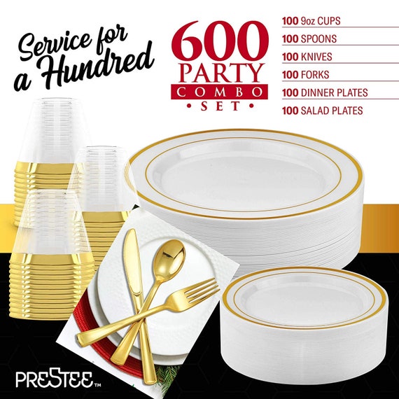 600 Piece Gold Dinnerware Party Set 100 Guest Includes Plastic