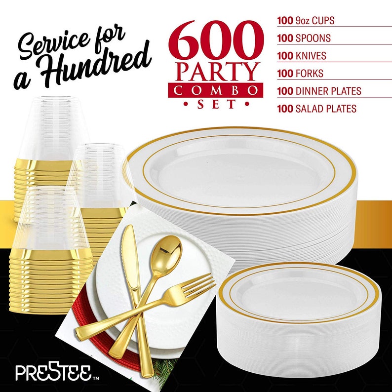 600 Piece Gold Dinnerware Party Set 100 Guest Includes Etsy