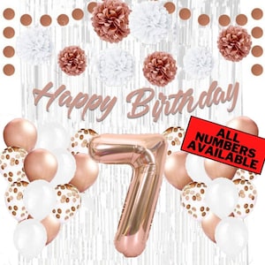 Rose Gold 7th Birthday Decorations for Girl - 40&quot; Number Balloon, Banner, Silver Foil Curtains, Balloons, Pom Poms - 7th Party Supplies
