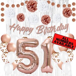 Rose Gold 51st Birthday Decorations for Women - 40&quot; Number Balloons, Banner, Silver Foil Curtains, Balloons, Pom Poms - 51st Party Supplies