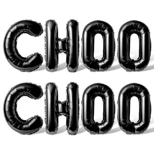 May include: Black balloon letters spelling out "CHOO CHOO" on a white background.