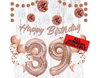 Rose Gold 39th Birthday Decorations for Women - 40" Number Balloons, Banner, Silver Foil Curtains, Balloons, Pom Poms - 39th Party Supplies