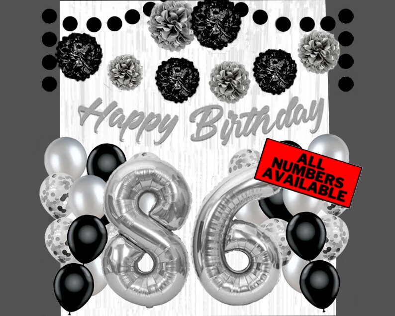 Silver & Black 86th Birthday Decorations for Women - 40" Number Balloons, Banner, Foil Curtains, Balloons, Pom Poms - 86th Party Supplies