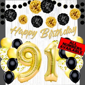 Gold & Black 91st Birthday Decorations for Women - 40&quot; Number Balloons, Banner, Foil Curtains, Balloons, Pom Poms - 91st Party Supplies