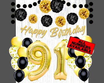 PAKBOOM 91. Geburtstag Banner – Schwarz-Gold, 1,2 X 1,8 M, Party-Deko Für Männer