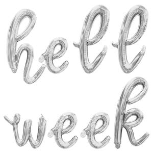 May include: Silver foil balloons spelling out "hello week" in a cursive font.