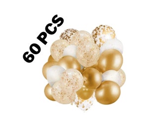 May include: A bunch of 60 gold and white balloons with confetti inside. The balloons are arranged in a cluster.