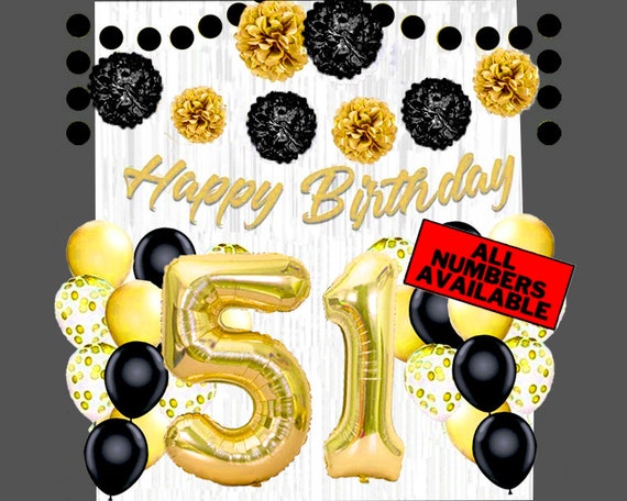 Gold & Black 51st Birthday Decorations for Women 40 Number Balloons,  Banner, Foil Curtains, Balloons, Pom Poms 51st Party Supplies 