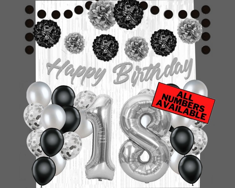 Decorazioni per il 18° compleanno per ragazze viola, Happy 18th Birthday Sfondo Banner e palloncini, bandierine triangolari viola e nero, 18 palloncini in lamina per lui e lei 18 anni BDAY
