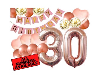 30th Birthday Decorations For Her - Pink and Rose Gold - 30th Birthday Balloons, Banner, Heart and Confetti Balloons - 30 Birthday Decor