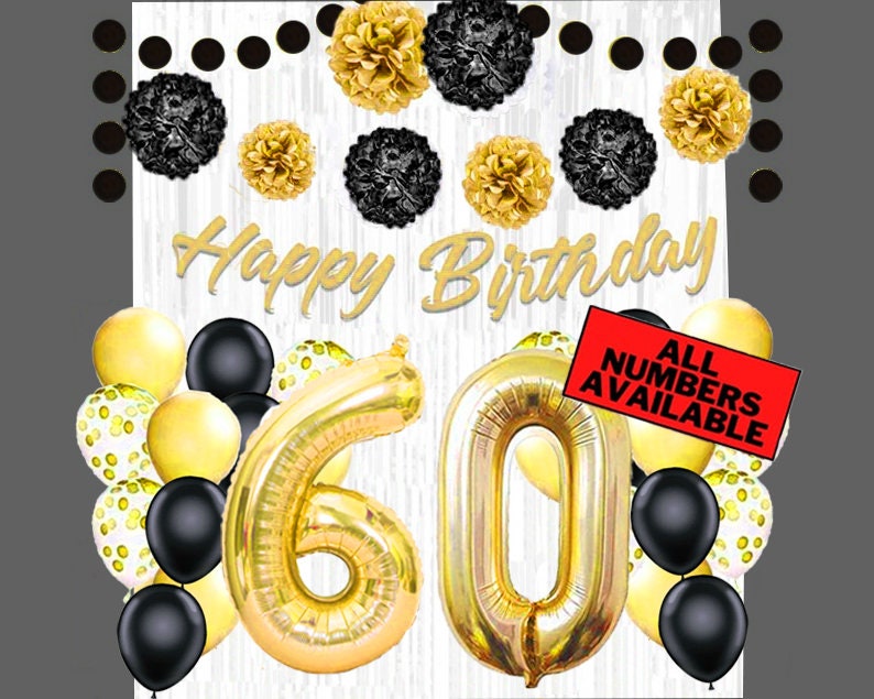 60th Birthday Decorations Kit - Gold Black and White Color