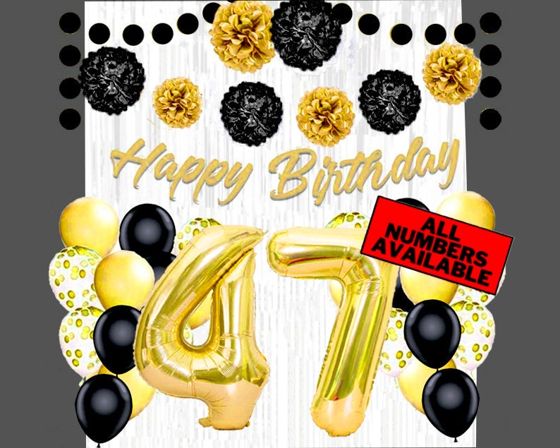 47th Birthday Decorations Kit - Gold Balloons, Banner, Pom Poms & Confetti Balloons