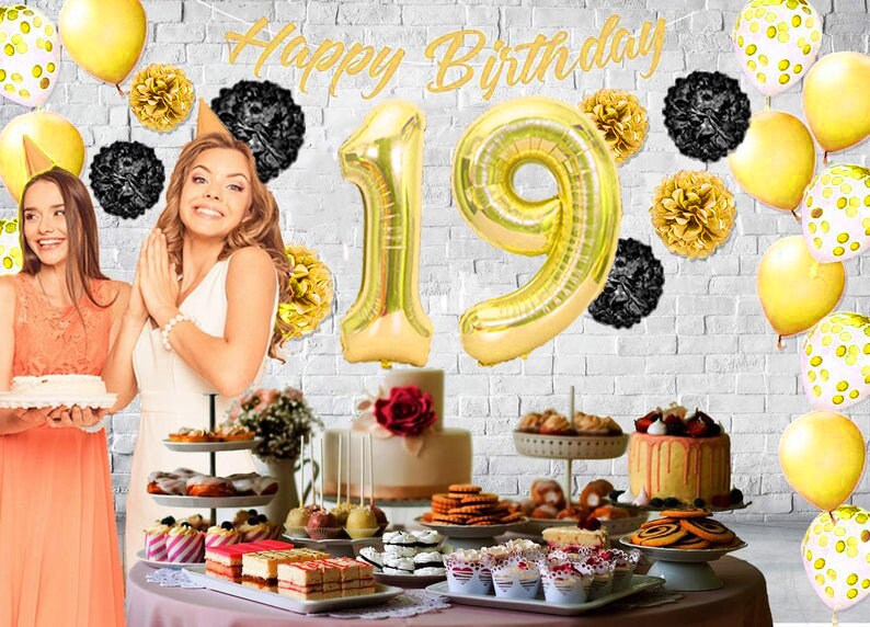 19. Geburtstag Deko Set In Schwarz/Gold – Inkl. Folienballon '19', Banner, Girlanden, Latexballons, Tortendeko & Mehr, Für Drinnen Und Draußen