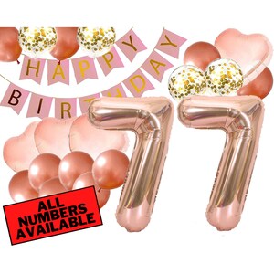 77th Birthday Decorations For Her - Pink and Rose Gold - 77th Birthday Balloons, Banner, Heart and Confetti Balloons - 77 Birthday Decor