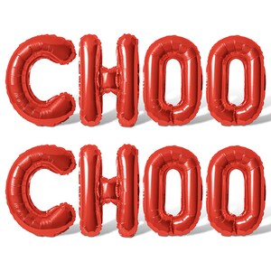 May include: Red foil balloons spelling out "CHOO CHOO" against a white background.