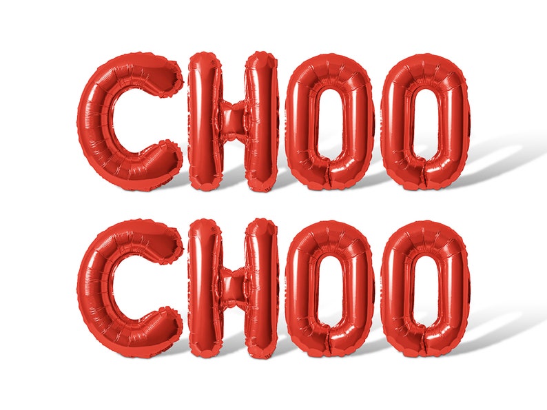 May include: Red foil balloons spelling out "CHOO CHOO" against a white background.