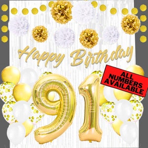Gold & White 91st Birthday Decorations for Women - 40&quot; Number Balloons, Banner, Foil Curtains, Balloons, Pom Poms - 91st Party Supplies