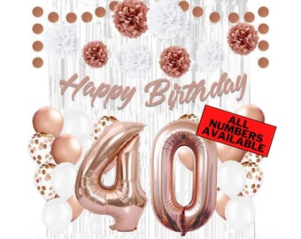 Rose Gold 40th Birthday Decorations for Women - 40" Number Balloons, Banner, Silver Foil Curtains, Balloons, Pom Poms - 40th Party Supplies