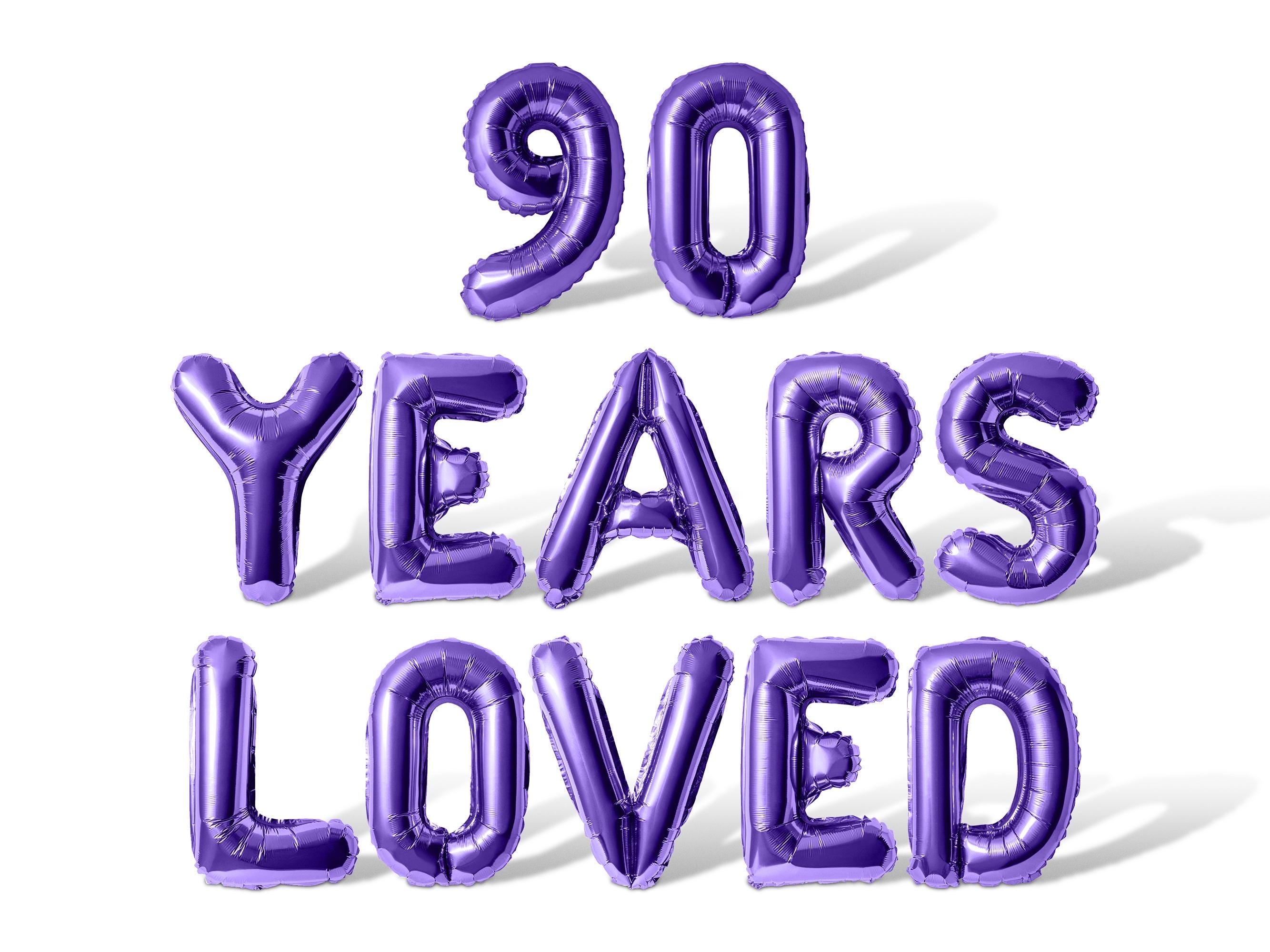 90 YEARS LOVED Letter & Numbr Balloon Banner - 10 Color Options - 90th ...