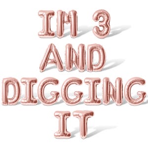 May include: Rose gold foil balloons spelling out "I'M 3 AND DIGGING IT" on a white background. The number 3 is a separate balloon. Ideal for a third birthday celebration. The balloons cast a shadow.