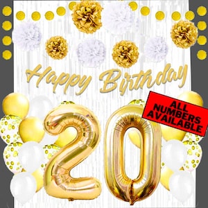 Gold & White 20th Birthday Decorations for Men - 40&quot; Number Balloons, Banner, Foil Curtains, Balloons, Pom Poms - 20th Party Supplies