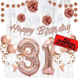 Rose Gold 31st Birthday Decorations for Women - 40&quot; Number Balloons, Banner, Silver Foil Curtains, Balloons, Pom Poms - 31st Party Supplies