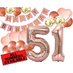 51st Birthday Decorations For Her - Pink and Rose Gold - 51st Birthday Balloons, Banner, Heart and Confetti Balloons - 51 Birthday Decor