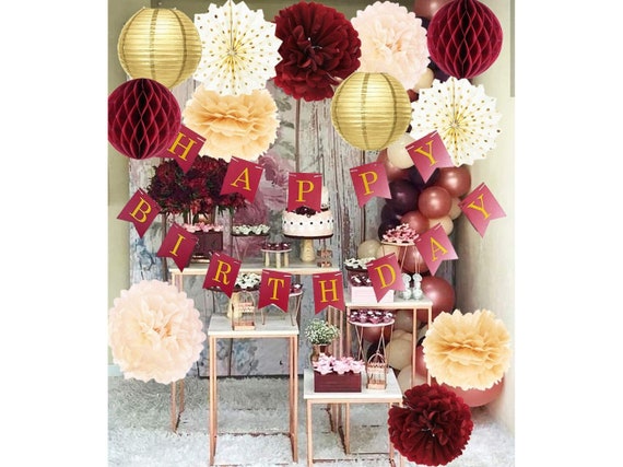 Burgundy and Gold Party Decorations for Women Happy Birthday Banner, Tissue  Pom Poms and Polka Dot Fans Birthday Party Supplies 