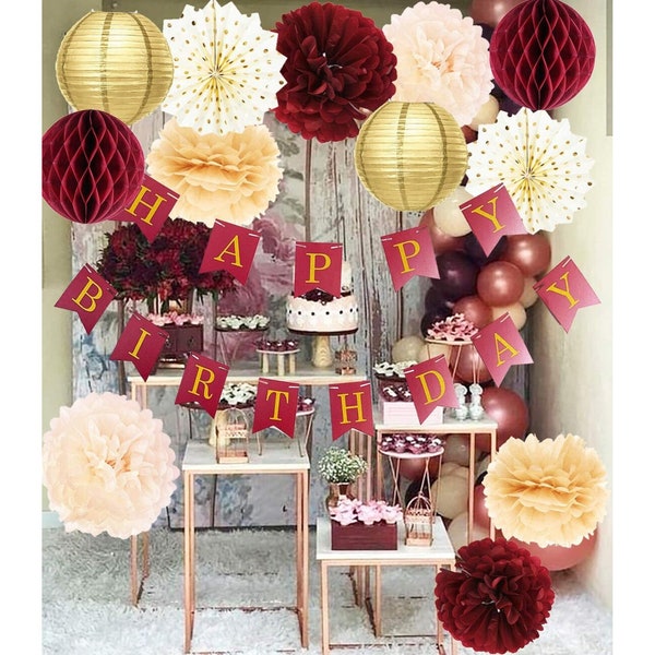 Burgundy and Gold Party Decorations for Women - Happy Birthday Banner, Tissue Pom Poms and Polka Dot Fans - Birthday Party Supplies
