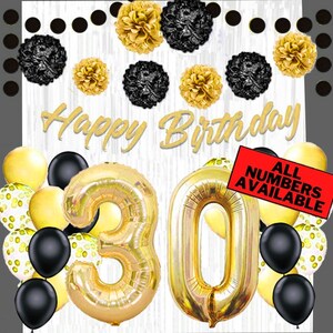 May include: Gold and black balloon decorations for a 30th birthday party. The balloons spell out the number 30 and are surrounded by smaller gold and black balloons. The sign says "Happy Birthday" and "All Numbers Available".