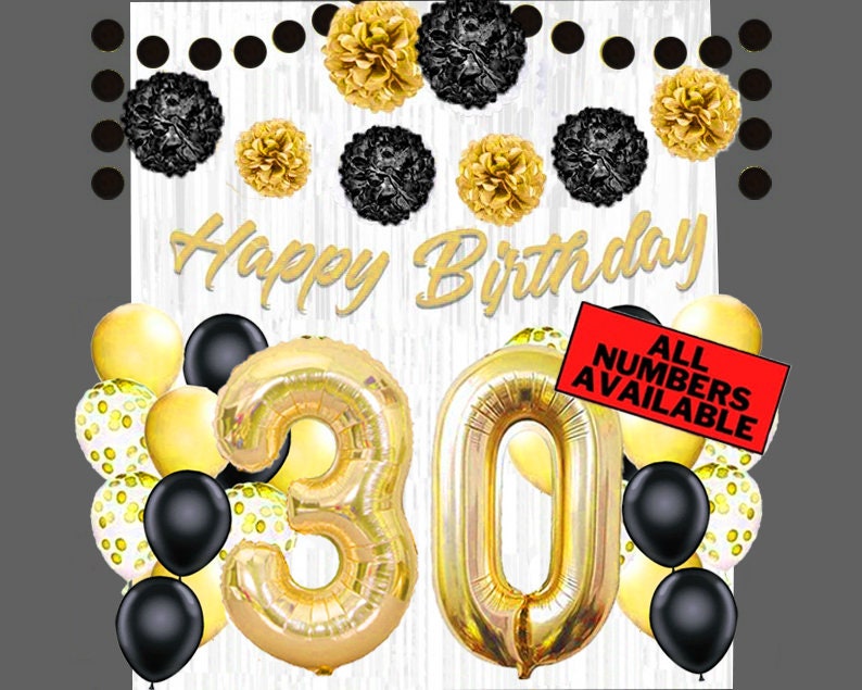 May include: Gold and black balloon decorations for a 30th birthday party. The balloons spell out the number 30 and are surrounded by smaller gold and black balloons. The sign says "Happy Birthday" and "All Numbers Available".