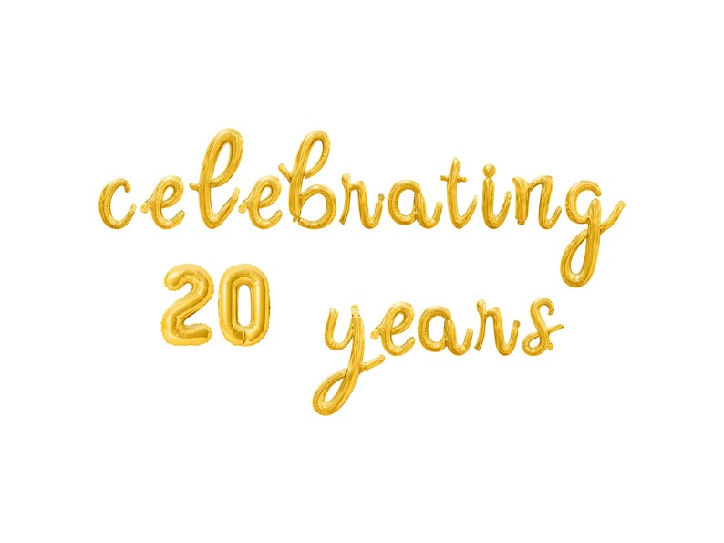 CELEBRATING 20 YEARS Cursive Script Letter Balloon Banner - Gold, Rose ...
