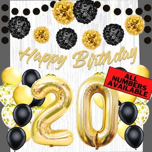 Gold & Black 20th Birthday Decorations for Men - 40&quot; Number Balloons, Banner, Foil Curtains, Balloons, Pom Poms - 20th Party Supplies