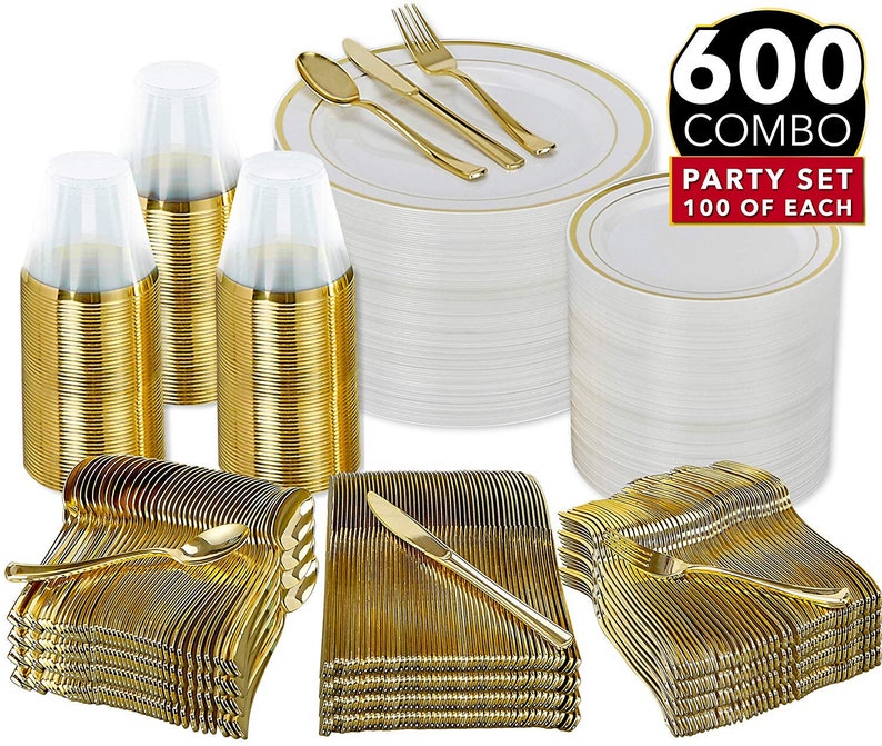 600 Piece Gold Dinnerware Party Set 100 Guest Includes Etsy