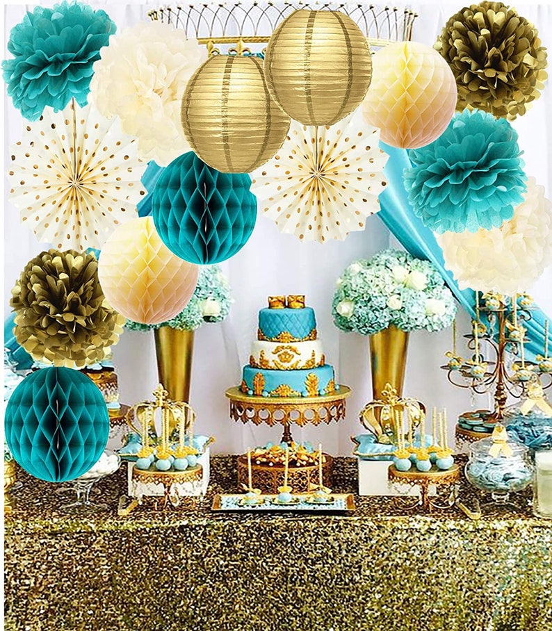 Teal and Gold Party Decorations for Women Tissue Pom Poms Etsy
