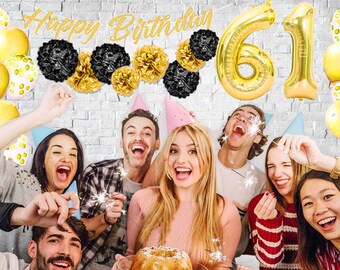 61. Geburtstag Dekoset – Banner, Tischdecke, Ballons, Schärpe, Kerzen In Schwarz-Gold