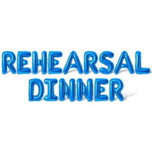 May include: Blue foil balloon letters spelling "REHEARSAL DINNER" against a white background. The letters are inflated and appear to be floating. Ideal for wedding or event decorations.