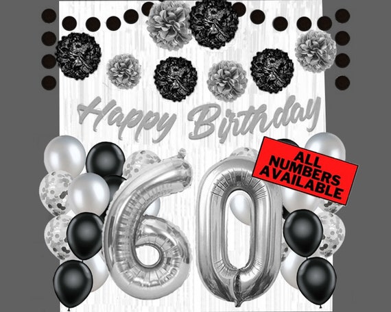 Decorazioni per il 60 compleanno nero & argento per uomo palloncini  numerici da 40, striscione, tende foil, palloncini, pom poms 60 regalo  forniture per feste -  Italia