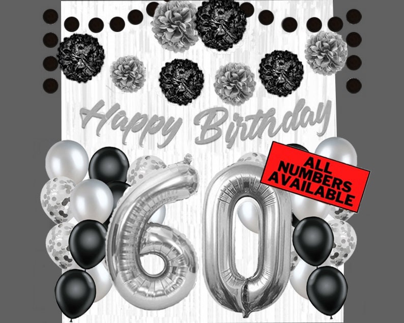 Black & Silver 60th Birthday Decorations for Men - 40" Number Balloons, Banner, Foil Curtains, Balloons, Pom Poms - 60th Party Supplies