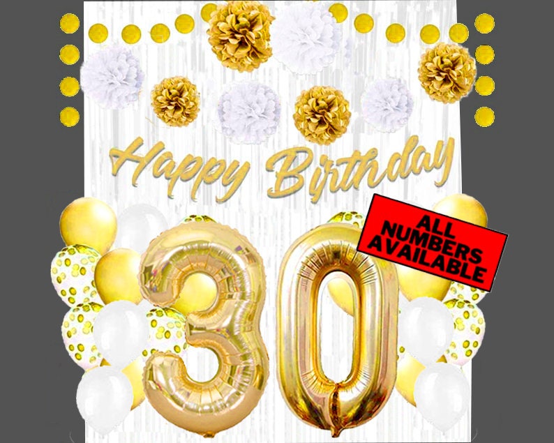 May include: Gold and white birthday decorations with the words "Happy Birthday" and the numbers "30" in gold foil balloons. The image also includes a red sign that says "All Numbers Available".