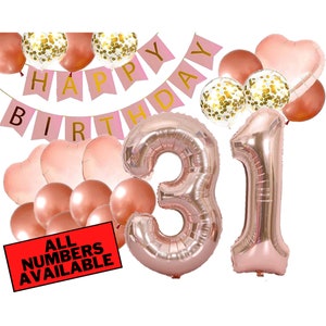31st Birthday Decorations For Her - Pink and Rose Gold - 31st Birthday Balloons, Banner, Heart and Confetti Balloons - 31 Birthday Decor