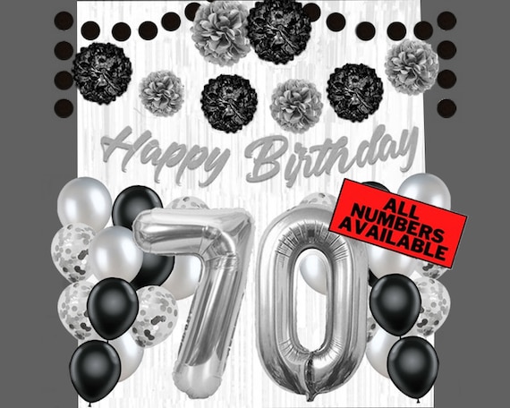 Black & Silver 70th Birthday Decorations for Men 40 Number Balloons,  Banner, Foil Curtains, Balloons, Pom Poms 70th Party Supplies 