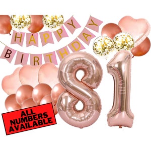 81st Birthday Decorations For Her - Pink and Rose Gold - 81st Birthday Balloons, Banner, Heart and Confetti Balloons - 81 Birthday Decor