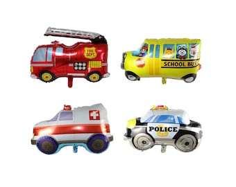 32" Transportation Balloon Bundle - Boy Birthday Party - Transportation Birthday - Foil Balloons- Service Vehicles - Police, Fire, Ambulance