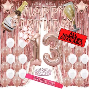 13th Birthday Rose Gold Decorations Incl. 40&quot; Number &quot;13&quot; Balloons, 16&quot; Happy Birthday Balloons, Latex Balloons, Foil Curtains, Tiara & Sash