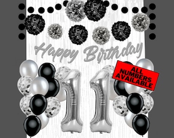 Silver & Black 11th Birthday Decorations for Boy - 40" Number Balloons, Banner, Foil Curtains, Balloons, Pom Poms - 11th Party Supplies